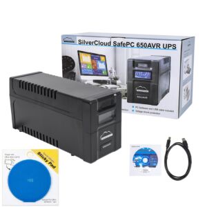 SilverCloud SafePC 650AVR USV-Paket, 360 W Leistung und blaue Klebefläche im Lieferumfang enthalten