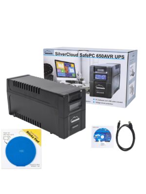 SilverCloud SafePC 650AVR USV-Paket, 360 W Leistung und blaue Klebefläche im Lieferumfang enthalten