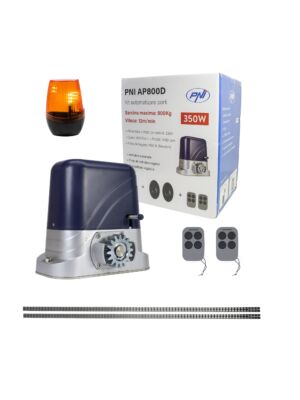 Das PNI AP800D-Torautomatisierungskit enthält ein 4-m-Motorrack, Fotozellen, eine Fernbedienung, eine Lampe, eine 230-V-Entwicklung 1100 N und 8