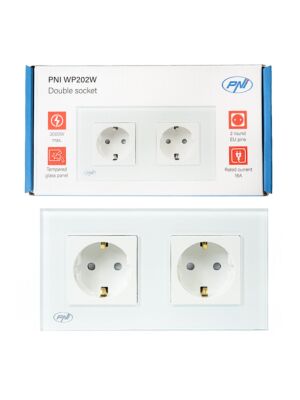 PNI WP202W Einbau-Doppelsteckdose, mit Glasrahmen, 16A, 2X3000W, 230V, weiß