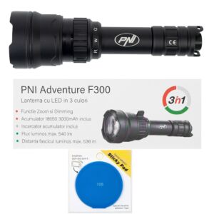 PNI Adventure F300 Taschenlampen-Set mit 3-farbiger LED (weiß, rot, grün), max. 10 W, IPX6, inklusive blauem Klebepad
