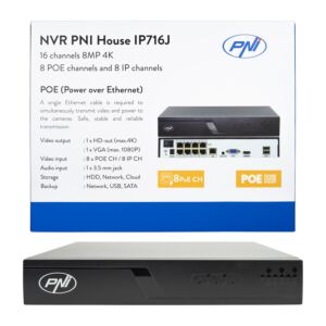 NVR POE PNI House IP716J, 16 Kanäle 4K 8MP, 8 POE-Kanäle und 8 IP-Kanäle, schwarz