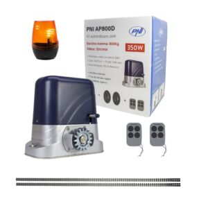 Das PNI AP800D-Torautomatisierungskit enthält ein 4-m-Motorrack, Fotozellen, eine Fernbedienung, eine Lampe, eine 230-V-Entwicklung 1100 N und 8