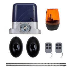 Das PNI AP800D-Torautomatisierungskit enthält ein 4-m-Motorrack, Fotozellen, eine Fernbedienung, eine Lampe, eine 230-V-Entwicklung 1100 N und 8