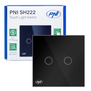 PNI SH222 Glas-Doppel-Touch-Schalter, schwarz mit LED-Anzeige, 10 A, 2 x 200 W