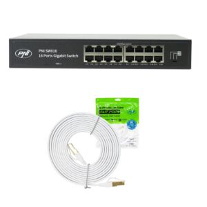 PNI SW016 Switch-Paket, 16 x 10/100/1000 Mbit/s, Gigabit, Metallgehäuse und 3 m CAT8-Patchkabel PNI U8030W