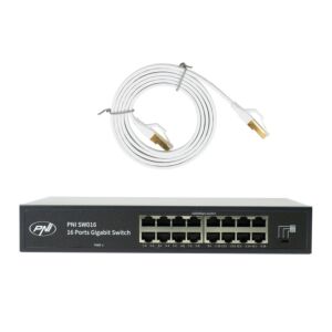 PNI SW016 Switch-Gehäuse, 16 x 10/100/1000 Mbps, Gigabit, Metallgehäuse & 1,5m CAT8-Patch PNI U8015W