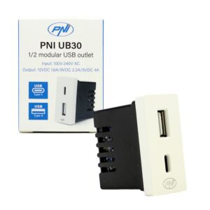Steckdose 2 x USB PNI UB30, USB-A USB-C, 12V/9V/5V, max. 20W, modular, Typ F 1/2, Einbaumontage