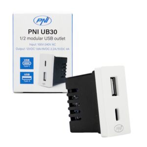 Steckdose 2 x USB PNI UB30, USB-A USB-C, 12V/9V/5V, max. 20W, modular, Typ F 1/2, Einbaumontage
