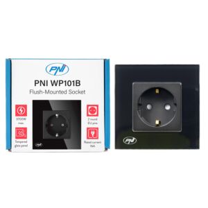 Einfache Einbausteckdose PNI WP101B, mit Glasrahmen, 16A, 3700W, 230V, schwarz