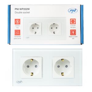 PNI WP202W Einbau-Doppelsteckdose, mit Glasrahmen, 16A, 2X3000W, 230V, weiß